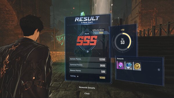 Solo Leveling: ARISE OVERDRIVE screenshot showing a player character facing a game result screen with an SSS rank and rewards.