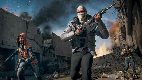 Screenshot from Call of Duty: Black Ops 6 showing armed characters in protective gear amidst a war-torn, chaotic battlefield.