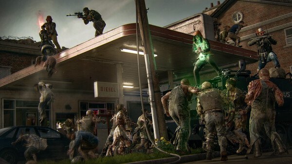 Screenshot from Call of Duty: Black Ops 6 showing soldiers battling zombies on a rooftop and the ground near a gas station.