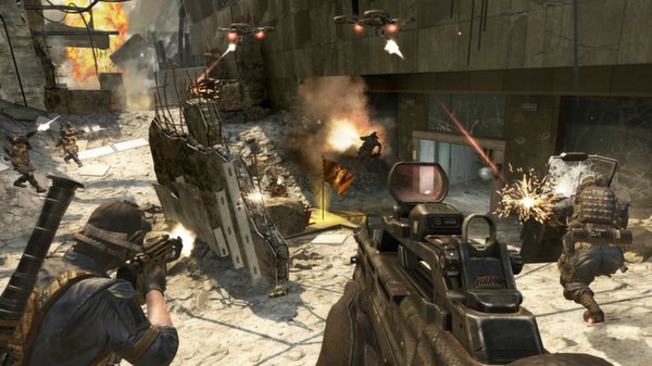 Screenshot from Call of Duty: Black Ops II showing soldiers in combat amid explosions and flying drones in a war-torn city.