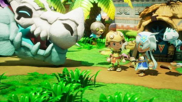 Screenshot of FANTASY LIFE i: The Girl Who Steals Time showing two characters beside a large stone dragon head in a lush, colorful environment.