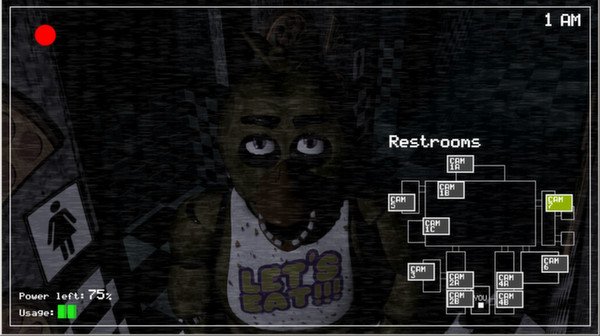 A screenshot from Five Nights at Freddy's showing Chica the animatronic in a dimly lit hallway near the restrooms at 1 AM.