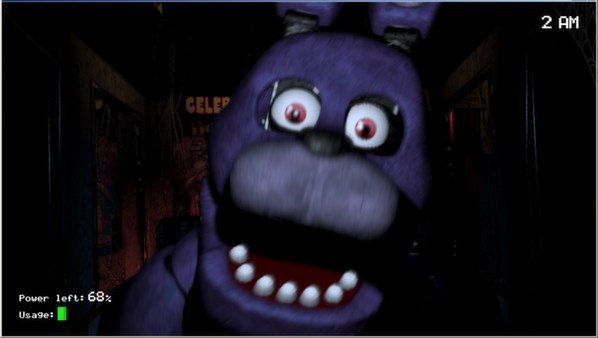 A Five Nights at Freddy's screenshot showing Bonnie the Bunny up close in a dimly lit hallway at 2 AM. Power left: 68%.