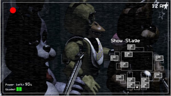Screenshot from Five Nights at Freddy's showing animatronic characters on the Show Stage and a security camera interface.