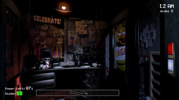 Five Nights at Freddy's screenshot: A dimly lit security office with posters, a fan, and Chica visible on a screen. Night 5 at 12 AM.