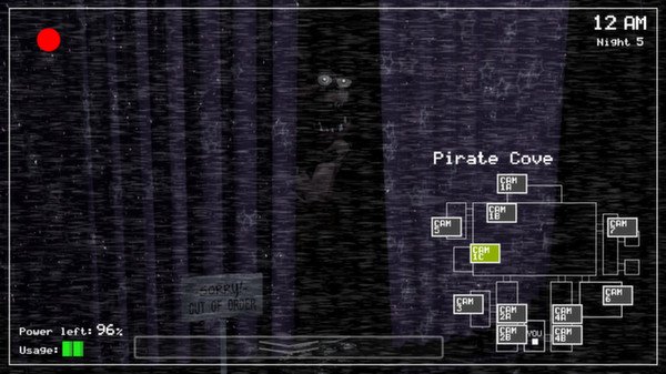 A screenshot from Five Nights at Freddy's showing a dark Pirate Cove with a figure peeking out and a camera map overlay.