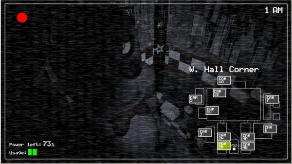Screenshot of Five Nights at Freddy's showing a dimly lit hallway and security camera map at 1 AM. Power level is at 73%.