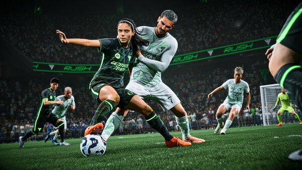 EA SPORTS FC 25 screenshot: Players in action on the field, with one in black attempting to dribble past a defender in white.