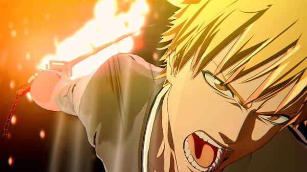 Screenshot of BLEACH Rebirth of Souls showing a character with yellow hair wielding a flaming sword in an intense action scene.