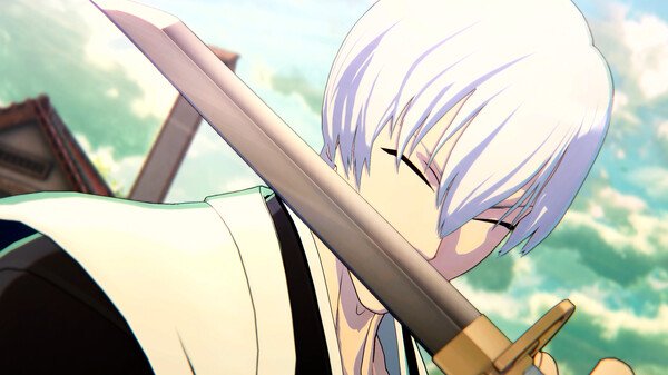 Screenshot from BLEACH Rebirth of Souls showing a character with white hair holding a sword against a vibrant sky backdrop.