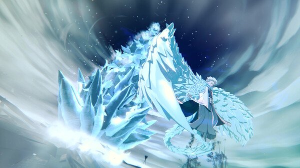Screenshot from BLEACH Rebirth of Souls featuring a character in white robes summoning an ice dragon under a swirling sky.