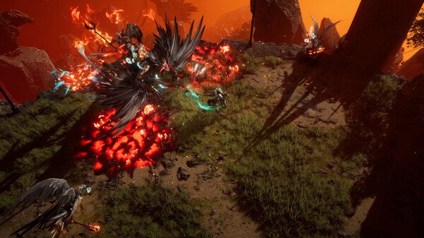 Screenshot from Last Epoch showing a battle scene with characters fighting amidst fiery effects on a grassy terrain.