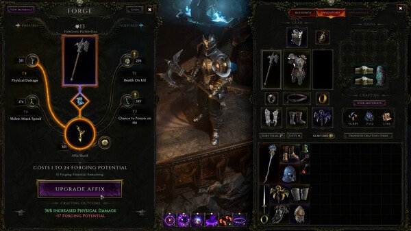 Screenshot from Last Epoch showing a character in armor holding a large axe, with inventory and crafting options visible.