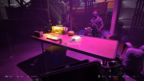 Screenshot from "Quarantine Zone: The Last Check" showing a table with supplies, a pumpkin, and two armed characters in a dimly lit area.
