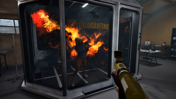Screenshot from Quarantine Zone: The Last Check showing a player aiming a weapon at a fiery figure inside a quarantine chamber.