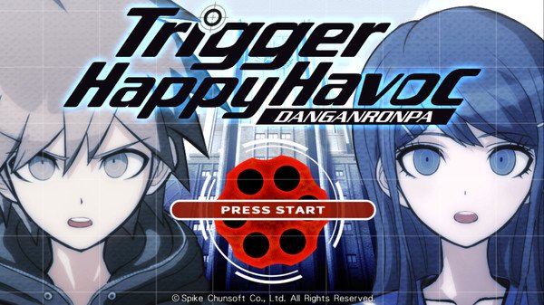 Screenshot of Danganronpa: Trigger Happy Havoc title screen, featuring two animated characters and a "Press Start" button.