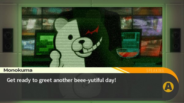 Screenshot from Danganronpa: Trigger Happy Havoc showing Monokuma on screen, delivering a message with a sinister smile.