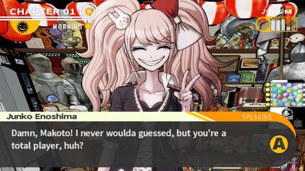 Screenshot from Danganronpa: Trigger Happy Havoc showing Junko Enoshima smiling and speaking to Makoto in a cluttered room.