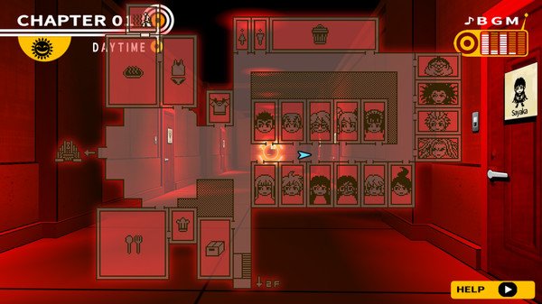 A screenshot from Danganronpa: Trigger Happy Havoc showing a red hallway with a map interface and character icons.