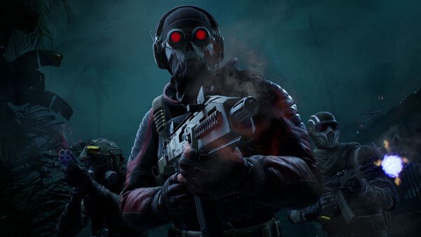 Killing Floor 3 screenshot: Three armored characters with glowing red eyes wield weapons in a dark, eerie setting.