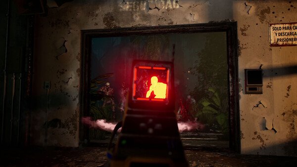 A Killing Floor 3 screenshot showing a player aiming at glowing red enemies through a weapon sight in a damaged building.