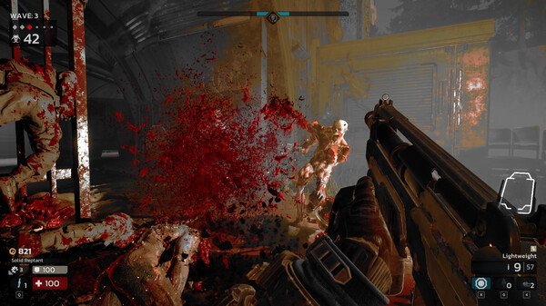 Killing Floor 3 screenshot: Player fires at grotesque creature, causing a burst of red gore in a dark, industrial setting.