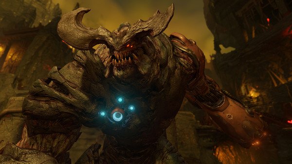 A DOOM screenshot showing a towering, horned demon with glowing eyes in a fiery, apocalyptic environment.