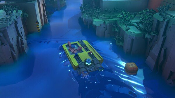 A screenshot from LEGO Voyagers showing a yellow hovercraft floating on a river surrounded by cliffs and lush greenery.