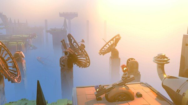 Screenshot from LEGO Voyagers showing a futuristic landscape with satellite dishes and a glowing sunset in the background.