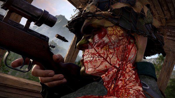 Sniper Elite: Resistance screenshot: A dramatic close-up of a sniper's bullet penetrating through a soldier's head in a forest setting.