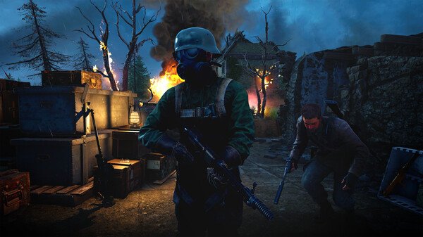 Sniper Elite: Resistance screenshot: A soldier in a gas mask stands armed, while another crouches behind crates amidst fiery chaos.
