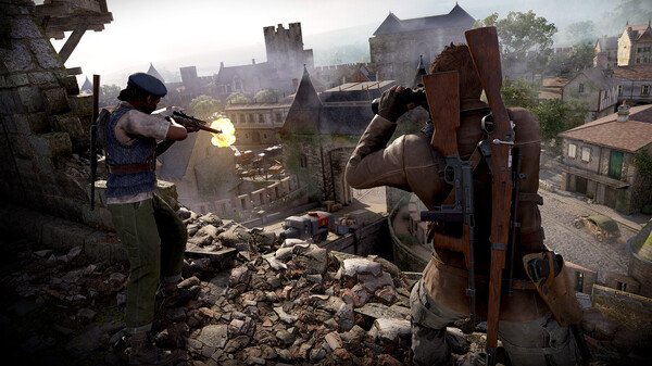 Sniper Elite: Resistance screenshot showing two soldiers aiming rifles from a rooftop, overlooking a detailed town landscape below.