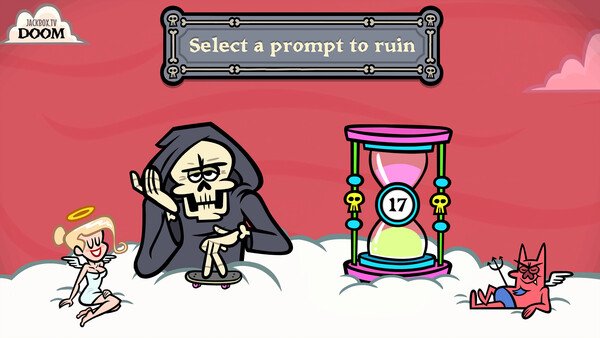 Screenshot from The Jackbox Party Pack 11 showing cartoon characters on clouds with a prompt selection and a timer.