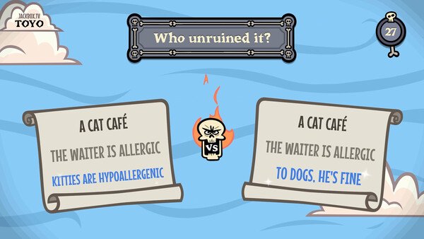 Screenshot from The Jackbox Party Pack 11 showing a question about allergies in a cat café with humorous responses.