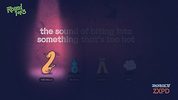 Screenshot from The Jackbox Party Pack 11 showing characters Michelle, Alosha, Loocca, Abby, and a prompt about biting hot food.