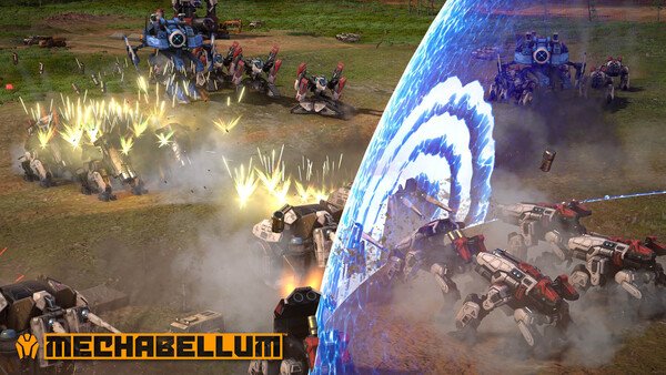 Mechabellum screenshot: Battle scene with mechs and explosions, energy shield visible, logo at bottom left corner.