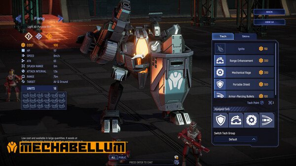 Mechabellum screenshot showing a detailed mech unit with stats menu and tech upgrades displayed in the game's interface.
