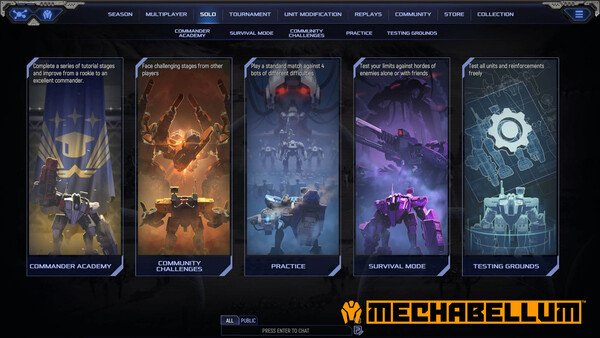 Screenshot of Mechabellum's main menu showing five game modes: Commander Academy, Community Challenges, Practice, Survival Mode, and Testing Grounds.