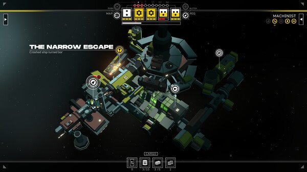 Screenshot of Citizen Sleeper 2: Starward Vector showing a space station labeled "The Narrow Escape" with interactive icons.