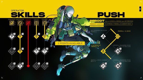 Screenshot from Citizen Sleeper 2: Starward Vector showing skill tree options and a character with two points available.