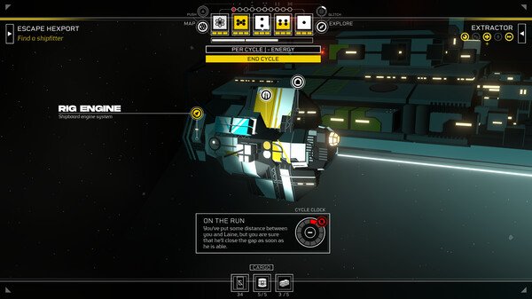 A screenshot from Citizen Sleeper 2: Starward Vector showing the Riq Engine ship interface and objectives on screen.