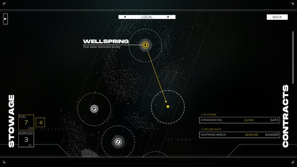 Screenshot of Citizen Sleeper 2: Starward Vector showing a map interface with locations, contracts, and stowage information.