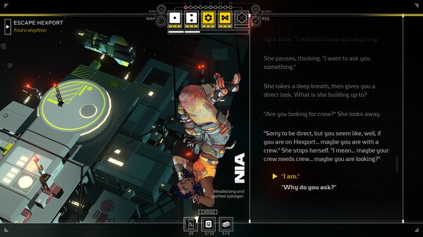 Citizen Sleeper 2: Starward Vector screenshot of a character floating in space near a hexport, with dialogue options visible.