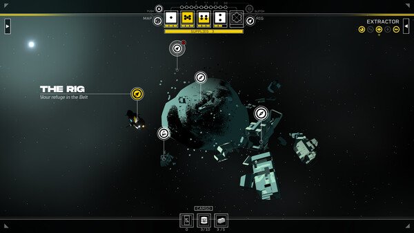 Screenshot of Citizen Sleeper 2: Starward Vector showing a space map with The Rig asteroid, player marker, and nearby points.