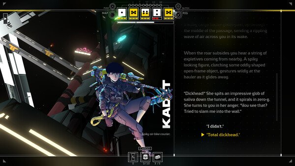 Screenshot from "Citizen Sleeper 2: Starward Vector" showing a character named Kadet in a space station near a tunnel.