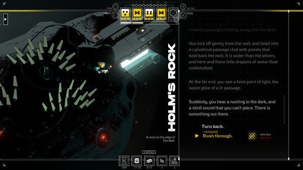 Screenshot of "Citizen Sleeper 2: Starward Vector" showing a spacecraft approaching a rocky asteroid labeled Holm's Rock.