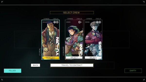 Screenshot from Citizen Sleeper 2: Starward Vector showing crew selection with three characters: YU, ANKOU, and BLISS.