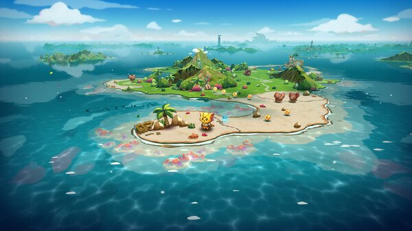 Cat Quest III screenshot showing a colorful island with a feline character surrounded by scattered treasures and lush scenery.