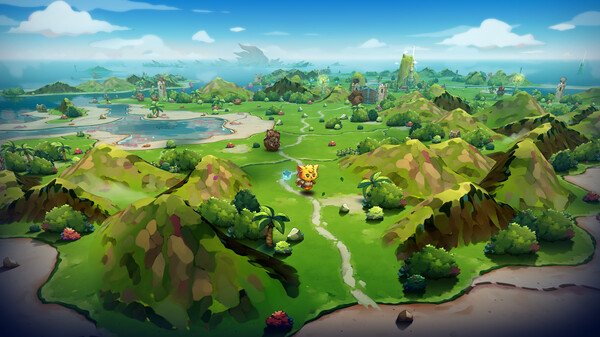 A screenshot from Cat Quest III showing a vibrant, open-world landscape with a cat character exploring grassy hills and paths.