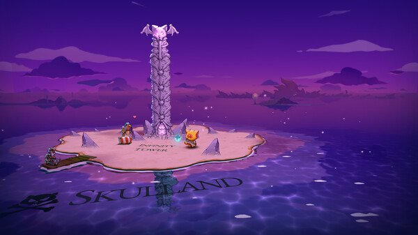 Screenshot from Cat Quest III showing a mystical island with a tall, glowing tower and a treasure chest.
